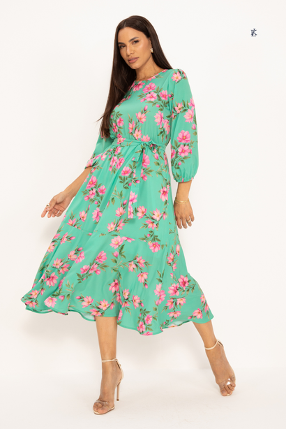 Vestido Midi em Soft Estampa Floral Verde Suzani Lekazis