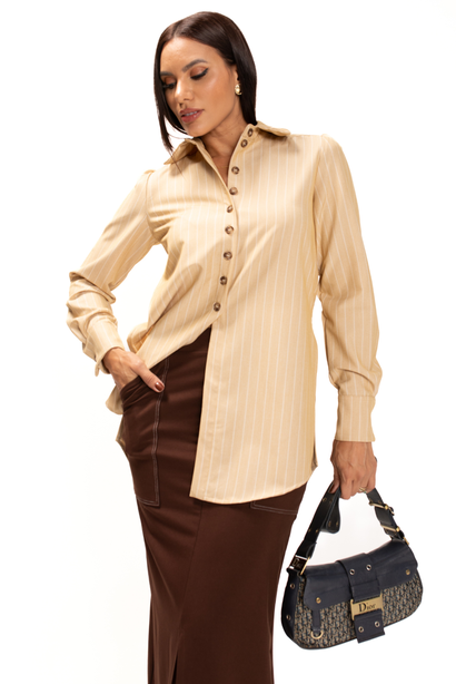 Camisa Maxi Risca de Giz Bege e Off White Taciana Lekazis