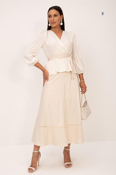 Saia Midi de Linho com Recortes e Entremeio Cru Evila Lekazis