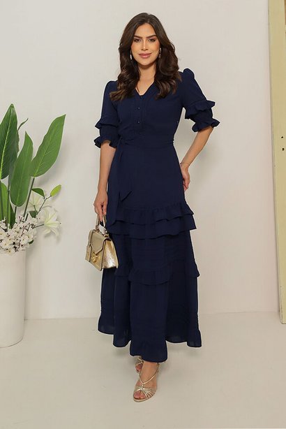 Vestido Max Midi Azul Marinho Em Crepe Com Babados Kauly