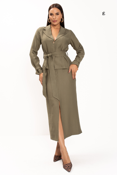 Saia Maxi Midi de Crepe em Alfaiataria Verde Militar Darlene Lekazis