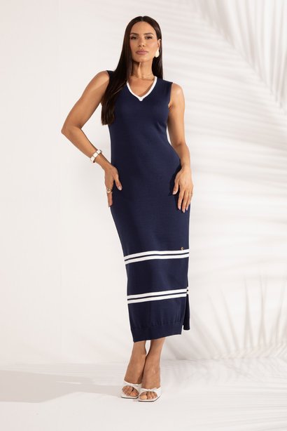 Vestido de Tricot Midi com Listras Marinho Jasmine Lekazis