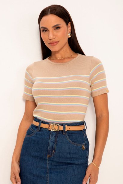 Blusa de Tricot Manga Curta Nude com Listras Colors Diele Lekazis