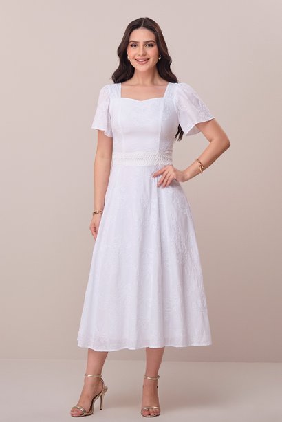 Vestido Off White Midi no Algodão Lauana Tatá Martello