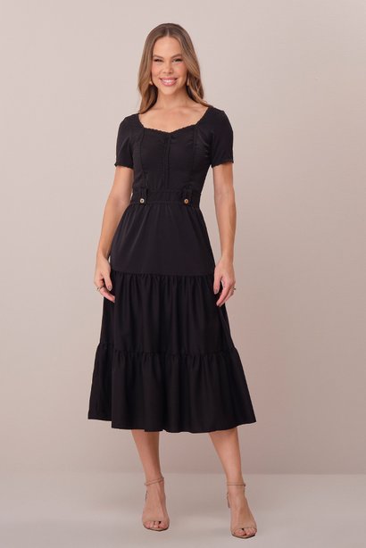 Vestido Preto Maxi Midi no Crepe com Busto Rendado Franciele Tata Martello