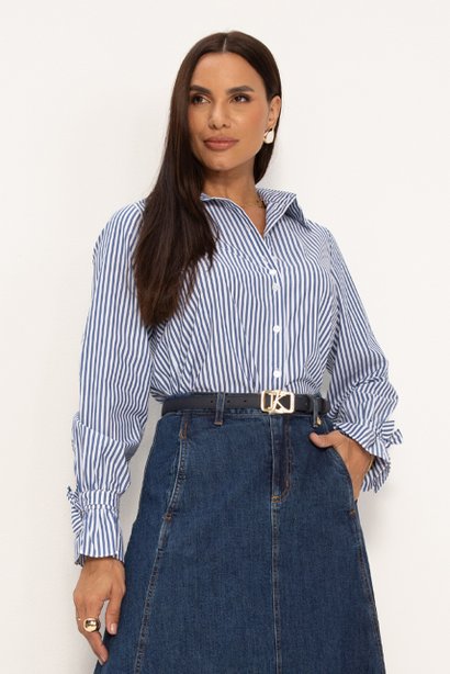 Camisa Azul Feminina de Tricoline Listrado Azul Rossila Lekazis