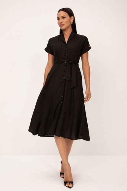 Vestido Chemise Preto Midi de Viscolinho Mercia Lekazis