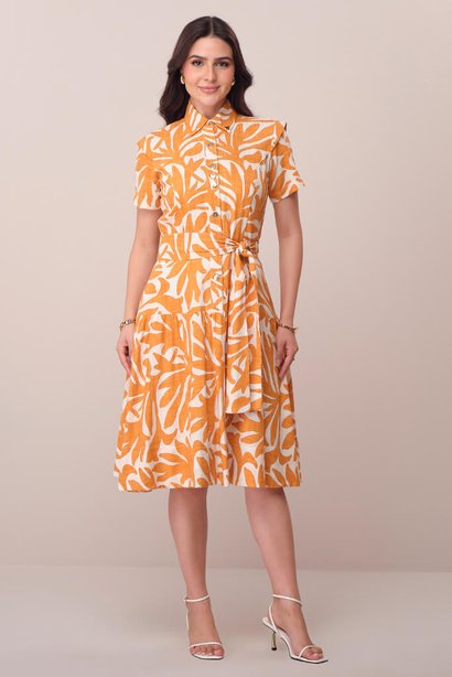 Vestido Laranja Midi no Viscolinho Estampado Elisa Tata Martello