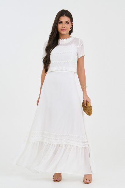 Vestido Off White Longuete Com Cropped E Guipir Via Tolentino
