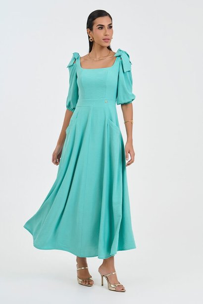 Vestido Azul Godê Com Amarração Via Tolentino