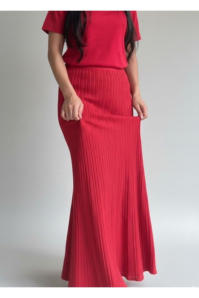 Saia Vermelha Tricô Modal Raphaelli Longa Tramas Trabalhadas Cintura Alta VicSim