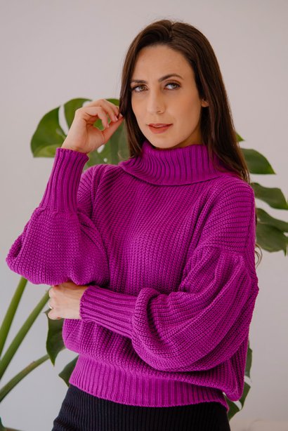 Blusa Fúcsia Tricô Paula Fang Gola Alta Manga Bufante VicSim