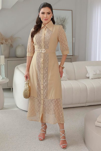 Vestido Caramelo Midi em Alfaiataria com Cinto Kauly