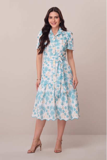 Vestido Verde Água Midi no Linho Bordado Mara Tatá Martello