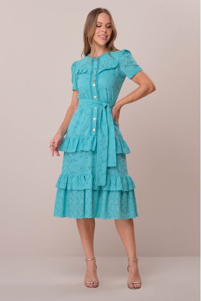 Vestido Verde Água Midi Bordado com Babados Gislaine Tatá Martello
