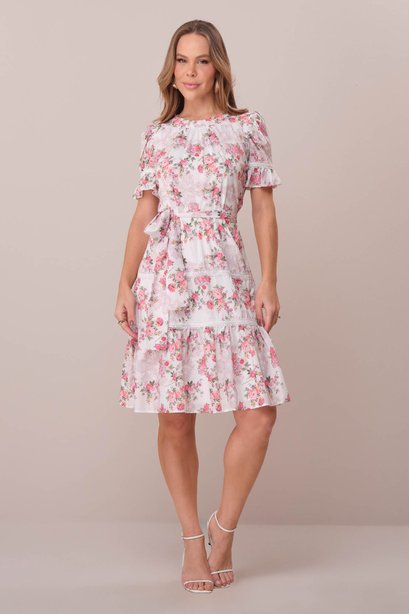 Vestido Off White Curto no Crepe Gloss Estampado Melinda Tatá Martello