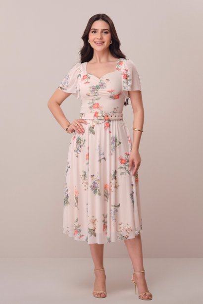 Vestido Creme Midi no Tule com Cinto Laiany Tatá Martello