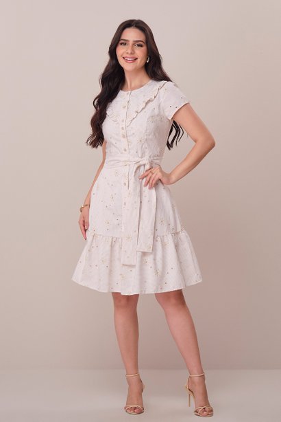 Vestido Bege Curto no Algodão Bordado e Listrado Tamara Tatá Martello