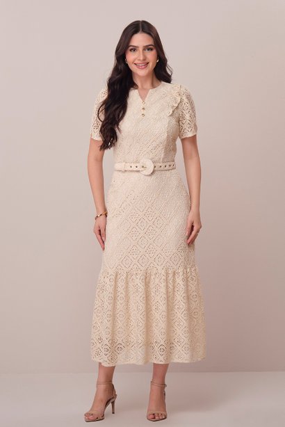 Vestido Bege Maxi Midi na Tela Bordada Rosimeire Tatá Martello