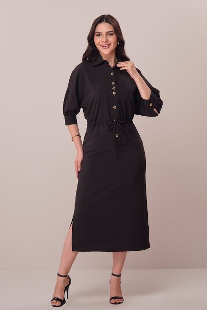 Vestido Preto Midi no Crepe com Mangas 3/4 Iara Tatá Martello