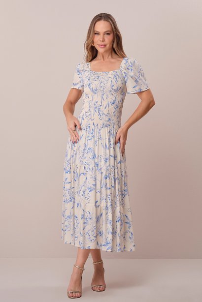 Vestido Azul Midi na Viscose Fluido Ludmila Tatá Martello