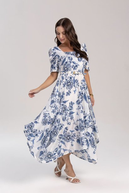 Vestido Godê Assimétrico de Crepe Estampado Laura Rosa