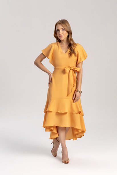 Vestido Evasê Alfaiataria de Viscose Abobora Com Faixa Para Amarração Laura Rosa