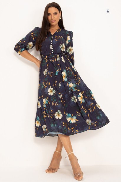 Vestido Midi em Soft Manga 3/4 Estampa Floral Marinho Rebeca Lekazis