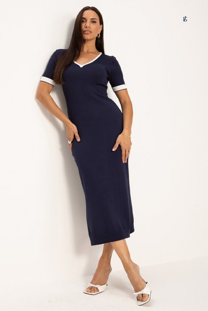 Vestido de Tricot Manga Curta Marinho com Detalhe Branco Julia Lekazis
