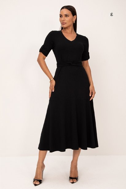 Vestido Midi de Malha Moletinho Decote "V" Preto Derli Lekazis