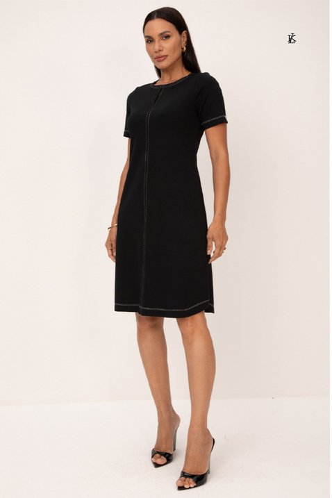 vestido classico de ponto roma preto com pespontos brancos lekazis 1