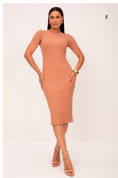 Vestido Nude Canelado Clássico Mocha Mousse Marya Lekazis