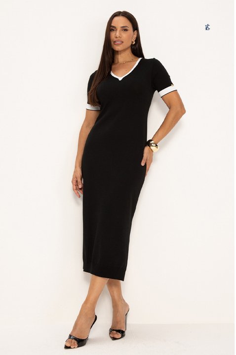 vestido de tricot manga curta preto com detalhe branco julia lekazis 1