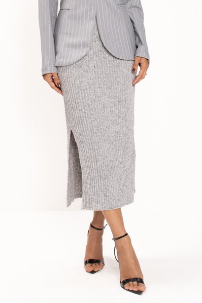 Saia de Tricot Midi com Fenda Cinza Mescla Thaila Lekazis