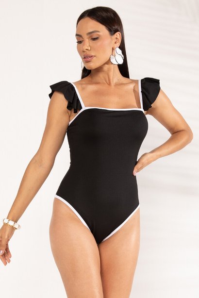 Maiô com Manga Babado Preto e Detalhe Branco Gizele Lekazis