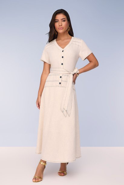 Vestido Viscolinho Sustentável Com Costuras Azul e Faixa Titanium Jeans