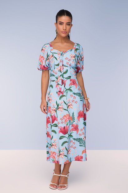 Vestido Azul Godê de Crepe Estampa Exclusiva Titanium Jeans