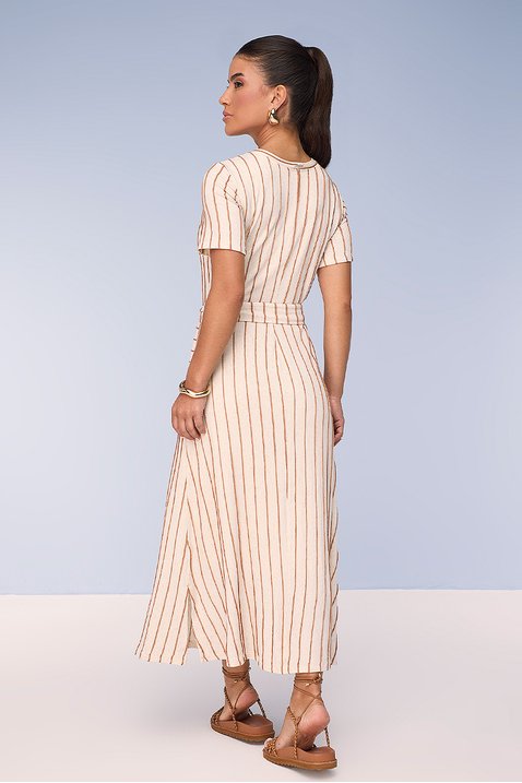 vestido creme evase de malha listrada com faixa titanium jeans 5