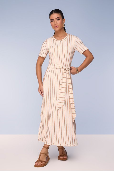 vestido creme evase de malha listrada com faixa titanium jeans 8