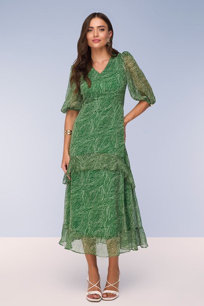 Vestido Verde Mídi Evasê Chiffon Estampa Exclusiva Titanium Jeans