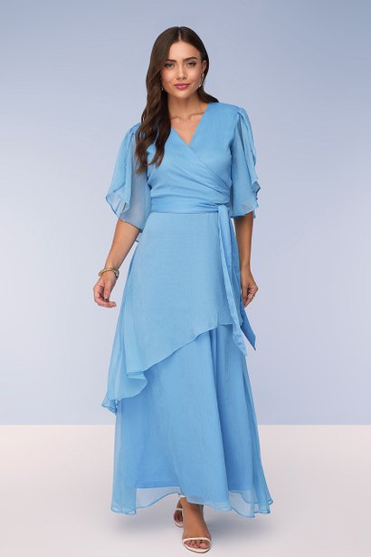 Vestido Azul Longo de Chiffon Texturizado Com Faixa Titanium Jeans