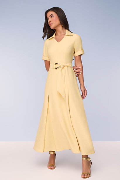 vestido amarelo midi gode alfaiataria de viscose com faixa titanium jeans 8