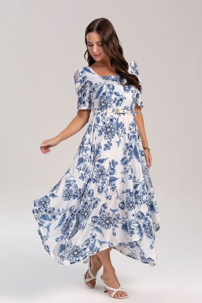 Vestido Godê Assimétrico de Crepe Estampado Laura Rosa