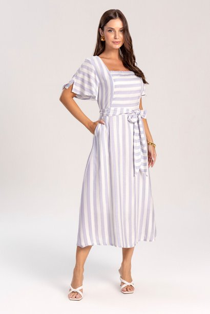 Vestido Evasê de Tecido Plano Listrado Com Faixa Para Amarração Laura Rosa