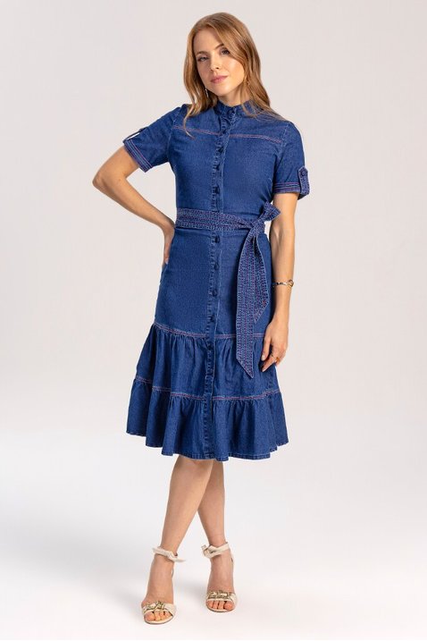 vestido evase jeans com pespontos coloridos laura rosa 3