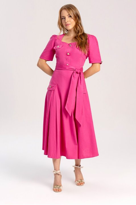 vestido gode de sarja leve collor pink com faixa para amarracao laura rosa 6