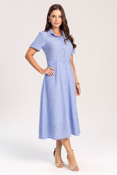 Chemise Evasê de Tecido Plano Listrado Azul Laura Rosa