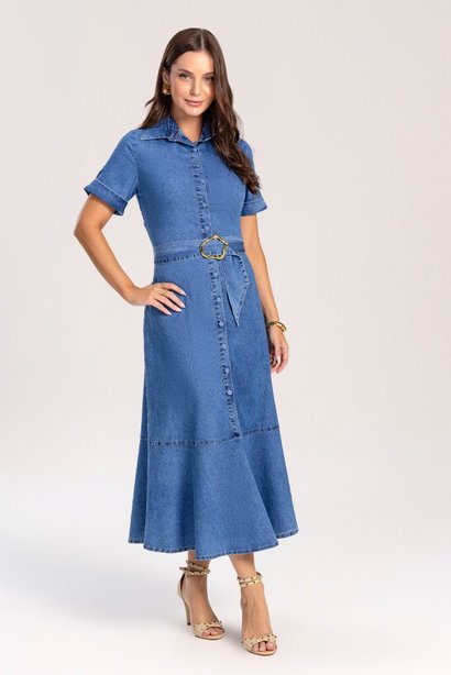 Chemise Jeans Com Faixa e Fivela Laura Rosa 