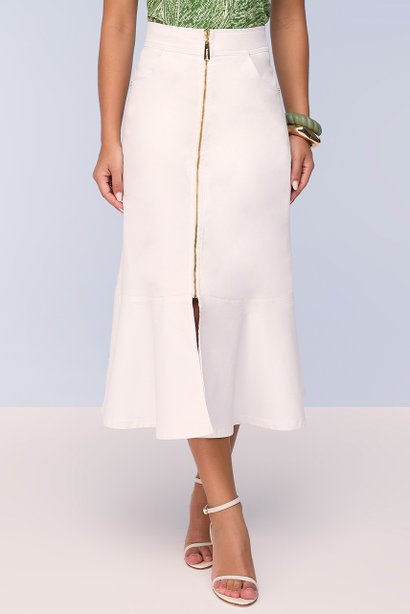 Saia Branca Mídi Evasê de Sarja Com Zíper Titanium Jeans