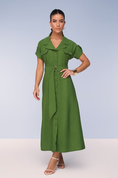 Chemise Evasê Alfaiataria de Viscose Verde Com Faixa Titanium Jeans